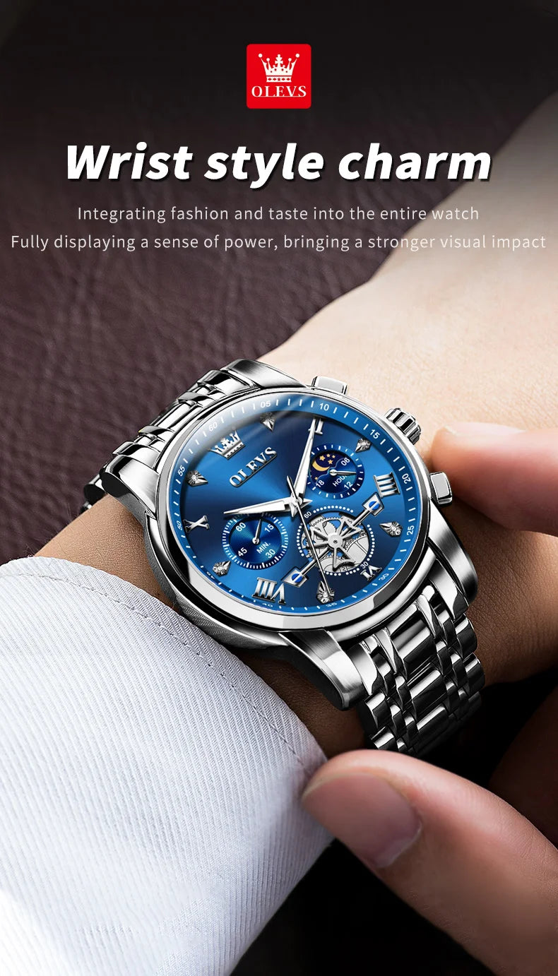 OLEVS Men's Watches Classic Multifunctional Flywheel Chronograph Original Quartz Wristwatch Moon Phase 24 Hour Waterproof Watch