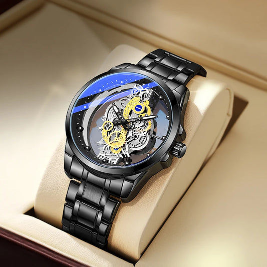 TPW Men’s Luxury Black & Gold Skeleton Quartz Watch Fashion Wristwatch