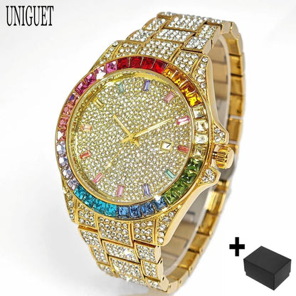 2025 Top Luxury Watch For Men Fashion Ice Diamond Hip Hop Rainbow Diamond Multifunction Man Quartz Wristwatch Gift Dropshipping