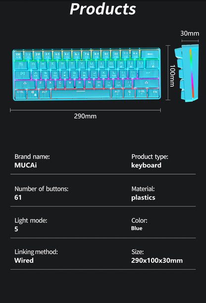 MUCAI MK61 USB Gaming Esports Mechanical Keyboard 61 Key Red Axis Wired Detachable Cable RGB Backlight Hot Swap