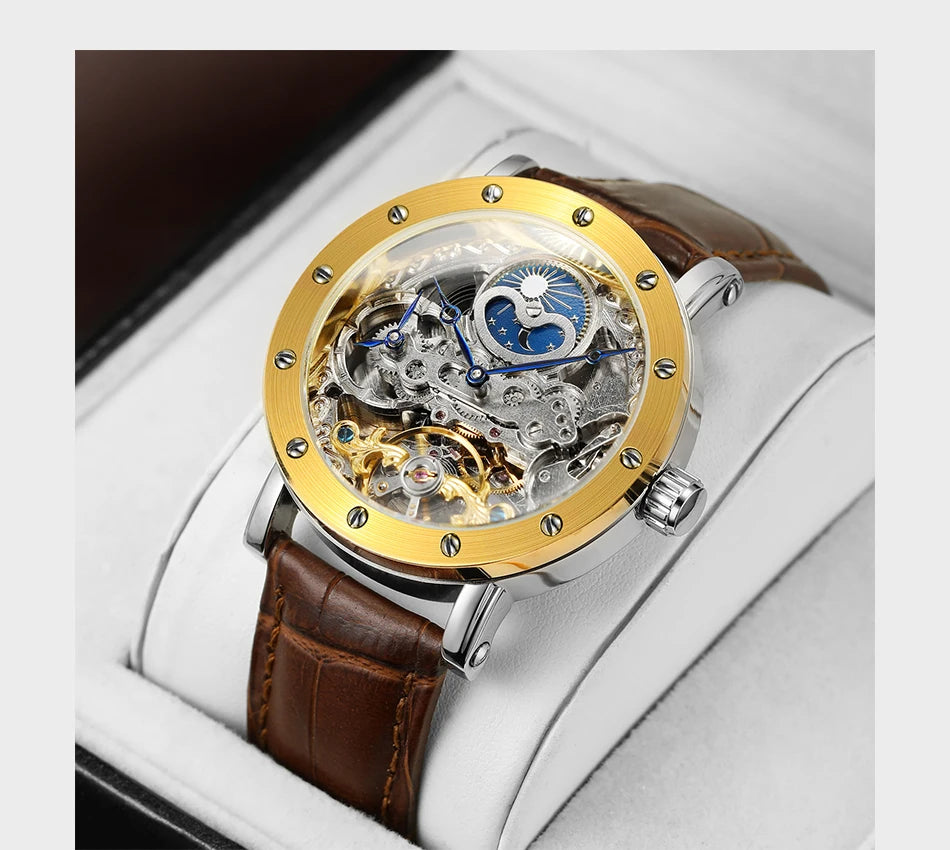 Relógio de pulso mecânico automático SKROX para homem, modelo esqueleto com função GMT, fase lunar e turbilhão – Relógio de luxo de alta gama, elegante e original.