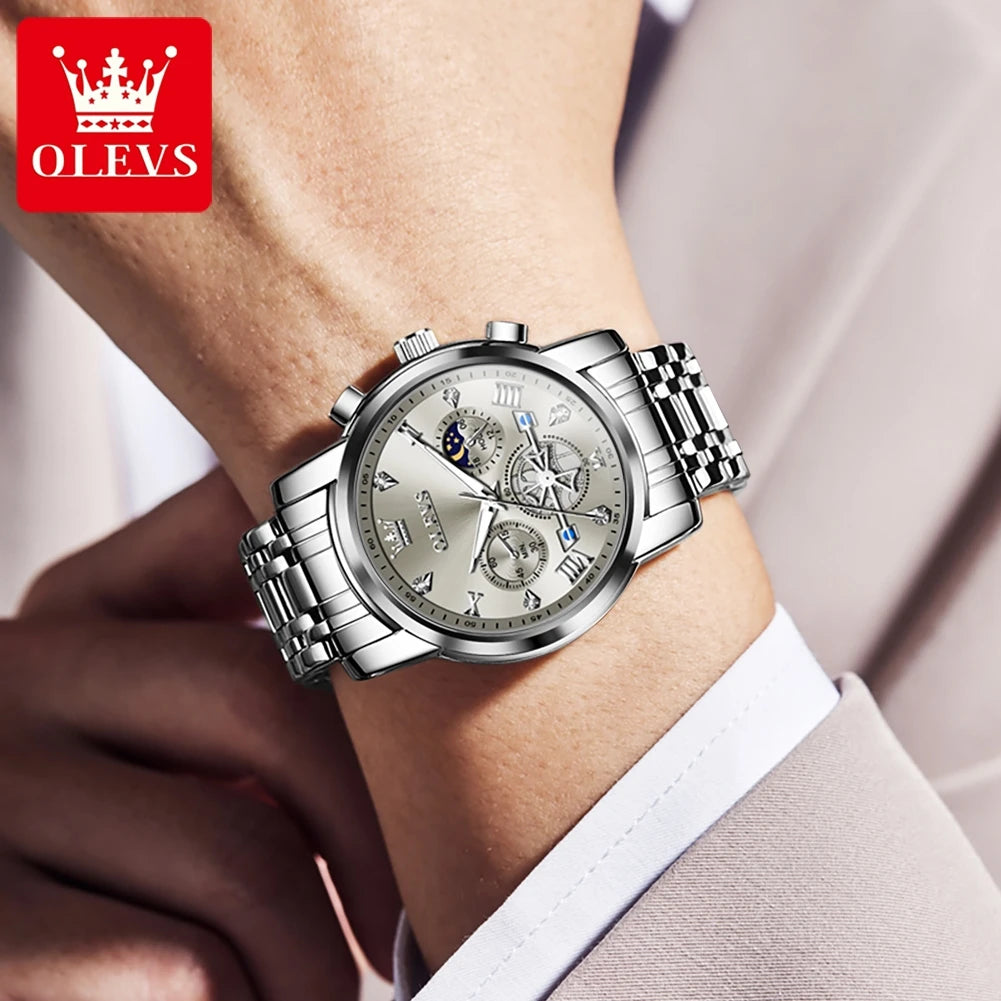 OLEVS Men's Watches Classic Multifunctional Flywheel Chronograph Original Quartz Wristwatch Moon Phase 24 Hour Waterproof Watch