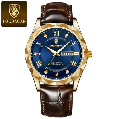 POEDAGAR herreur, originalt luksusmodel: vandtæt, selvlysende, med dato- og ugedagsvisning. Kvartsur i klassisk og professionel stil, udstyret med et læderarmbånd.