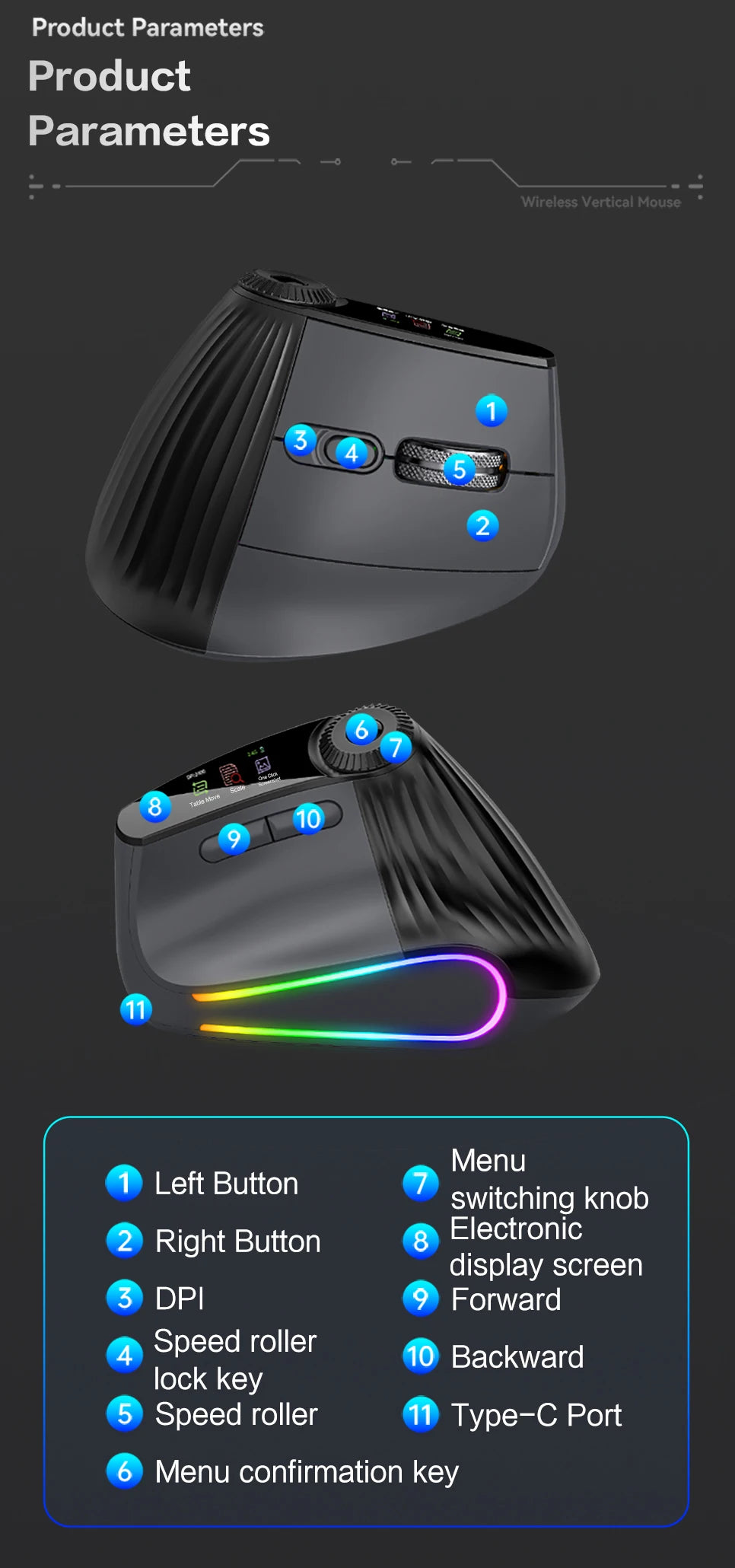 Jomaa RGB Backlit Speed Roller Wireless Vertical Mouse with Function Adjustment Knob Bluetooth USB Ergonomic Mice Slient Click