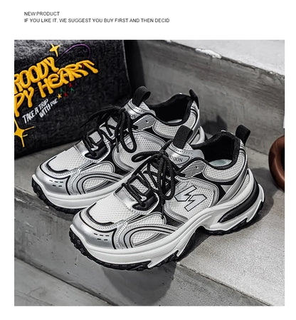 Unisex Trendy Chunky Dad Sneakers Silver Black Retro Couple Breathable Mesh Casual Platform Shoes