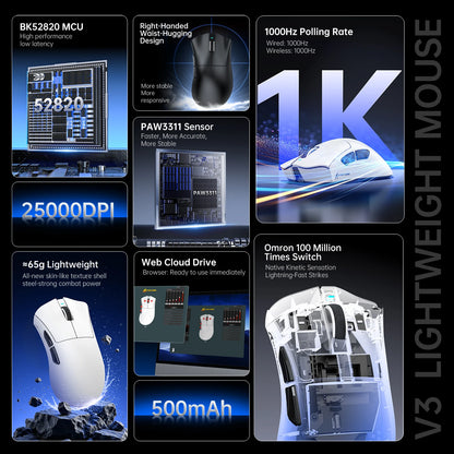 ATTACK SHARK V3 62g SUPERLIGHT Mouse, PixArt PAW3311 Gaming Sensor, BT/ 2.4G Wireless/ Wired, 6 Adjustable DPI up to 25000
