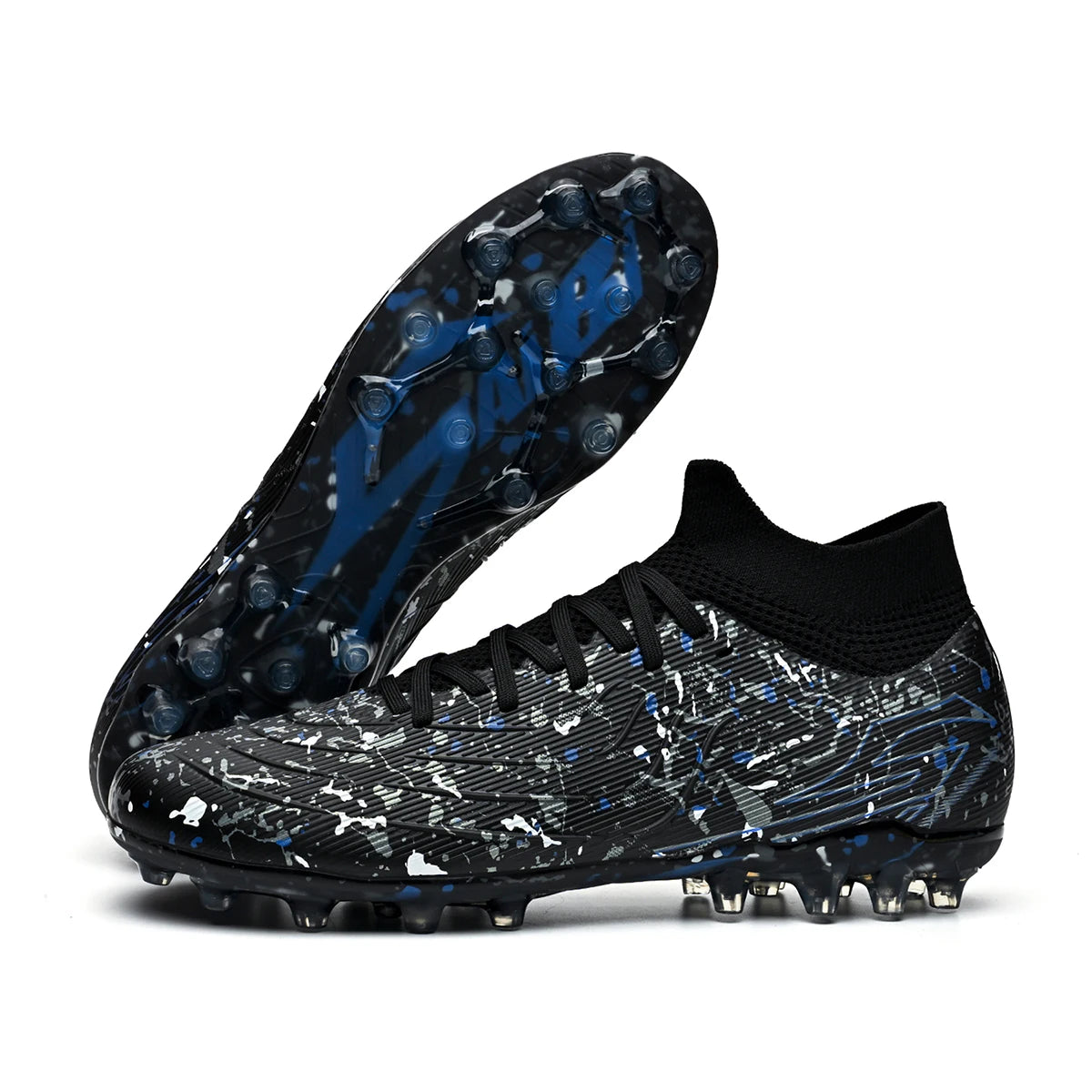 Chaussures de football pour hommes, crampons pour terrain en gazon, protection renforcée de la cheville, semelle intérieure absorbant les chocs, pour terrains en gazon naturel dur et légèrement artificiel.