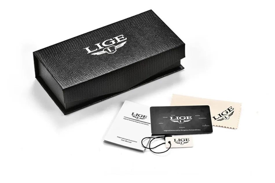Relógio para homem LIGE – Relógio de quartzo de luxo, estilo descontraído, bracelete em pele, ideal para o trabalho ou para a prática desportiva, resistente à água, com data e cronógrafo.
