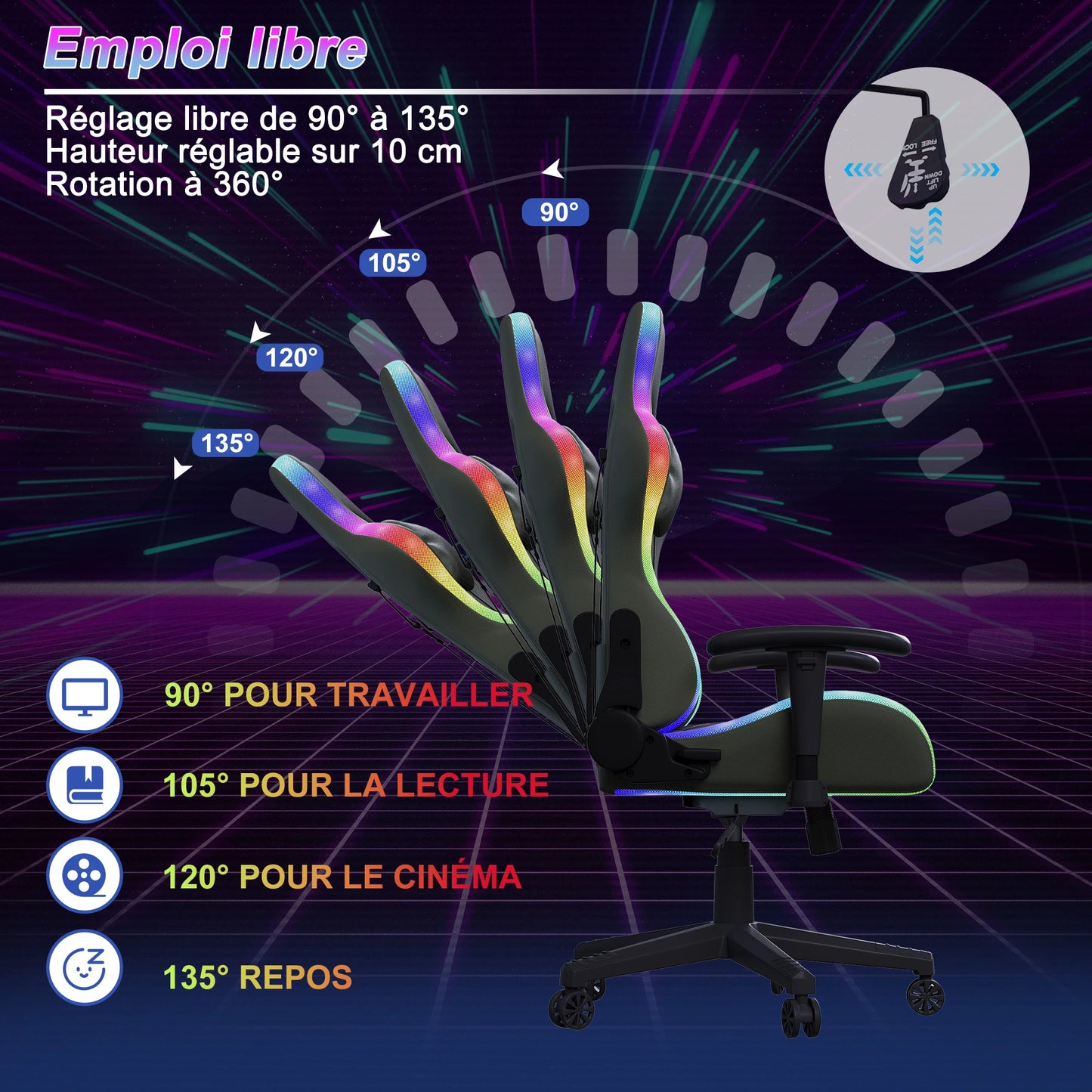 Rosahqnda Gaming Chair with Massage Function, Adjustable Office Chair, Gamer Chair with LED, Lumbar Cushion, Pillow, 150 KG