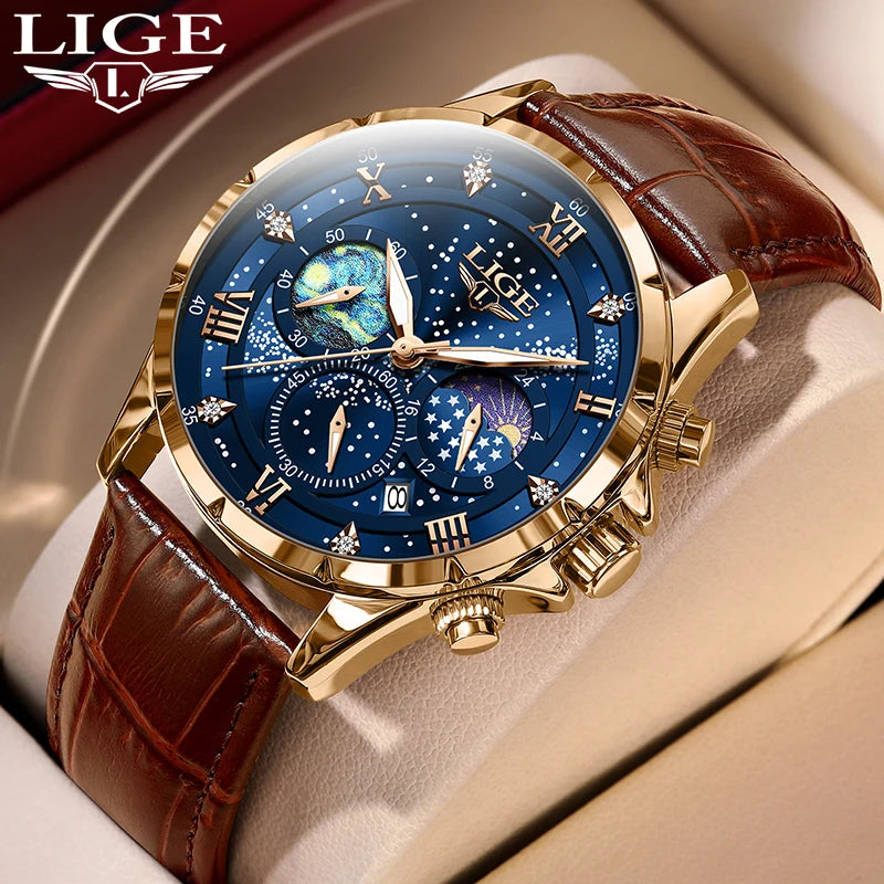 Relógio para homem LIGE – Relógio de quartzo de luxo, estilo descontraído, bracelete em pele, ideal para o trabalho ou para a prática desportiva, resistente à água, com data e cronógrafo.