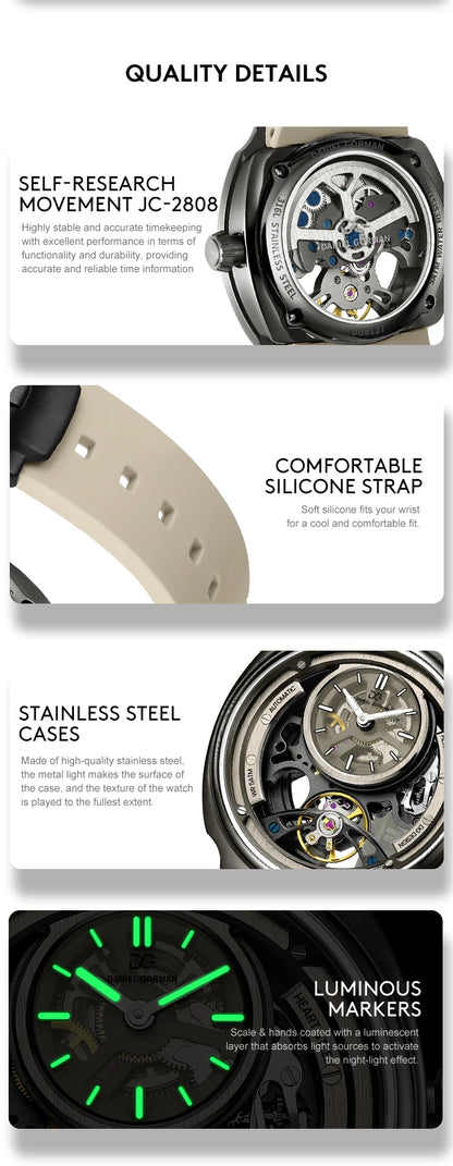 DANIEL GORMAN High Quality Men's Automatic Watch with Stylish Sports Silicone Strap 5 ATM Waterproof Mechanical Watches DG8127
