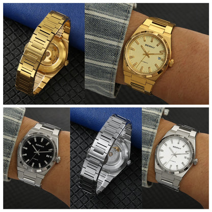 Orologio automatico da uomo BERNY, dorato, vetro zaffiro, lancette luminescenti, originale al 100%, dotato di movimento PT5000, rivestimento antiriflesso, modello di lusso con lunetta intercambiabile, impermeabile fino a 5 ATM.