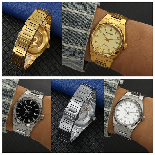 Montre automatique pour homme BERNY, dorée, verre saphir, aiguilles luminescentes, 100 % originale, équipée d'un mouvement PT5000, revêtement antireflet, modèle de luxe avec lunette interchangeable, étanche 5 ATM.
