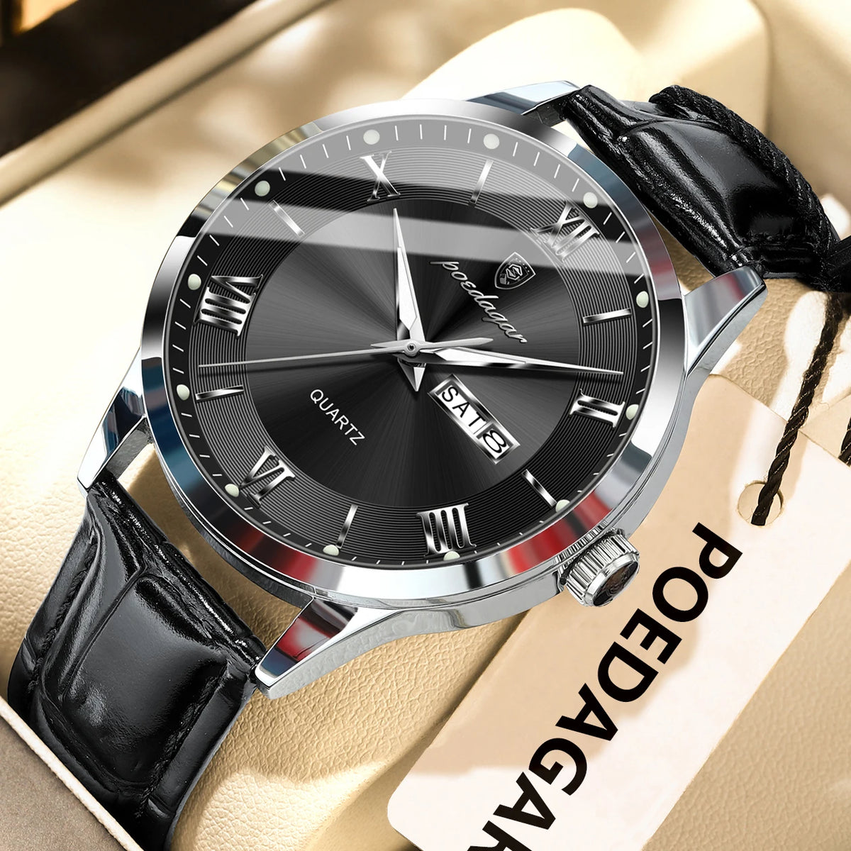 Relógio de homem na moda POEDAGAR, bracelete em pele, data e dia da semana, relógio de quartzo de luxo, estanque, luminoso, estilo business descontraído.