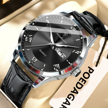 Relógio de homem na moda POEDAGAR, bracelete em pele, data e dia da semana, relógio de quartzo de luxo, estanque, luminoso, estilo business descontraído.