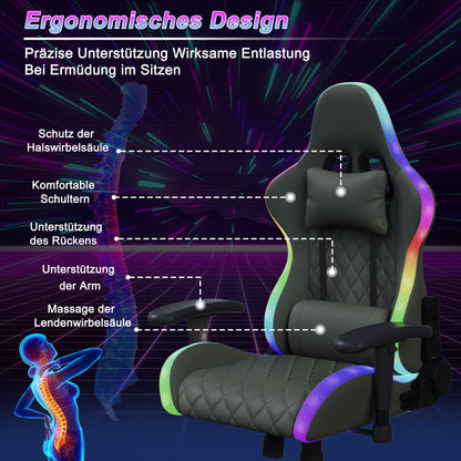 Rosahqnda Gaming Chair with Massage Function, Adjustable Office Chair, Gamer Chair with LED, Lumbar Cushion, Pillow, 150 KG