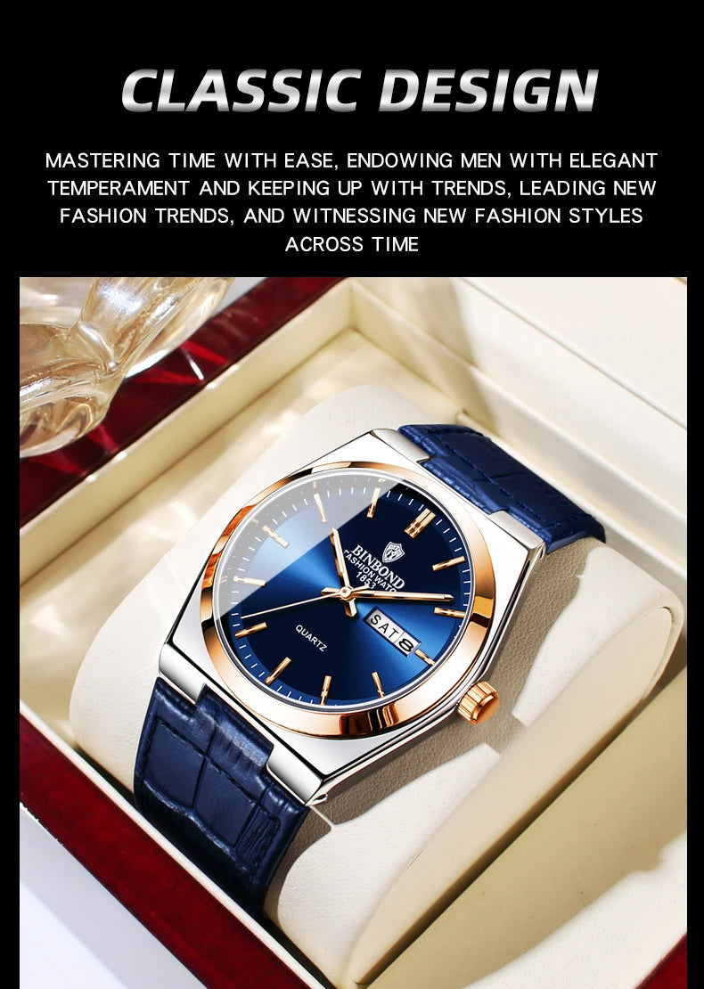 BINBOND Luxury leather strap quartz wristwatches precise luminous waterproof auto date week display durable men's watch reloj