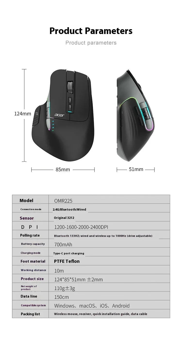 Acer Omr225 Gamer Mouse 3mode Bluetooth Wireless Mouse Dual Scroll Ergonomic Mouse Custom Programming Gaming Mice Office Mouses