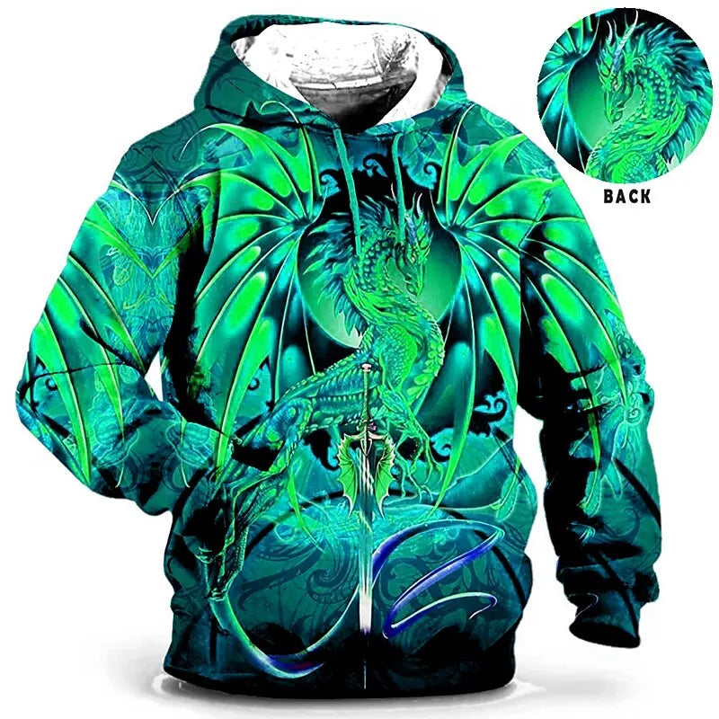 Felpa con cappuccio da uomo, abbigliamento maschile, stampa 3D, felpa outdoor con drago, moda quotidiana autunnale, maniche lunghe