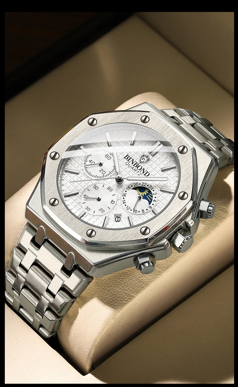 BINBOND Top Brand Man Quartz Watch Luxury Luminous Chronograph Wristwatch Stainless Steel Waterproof Men Date Calendar Clock