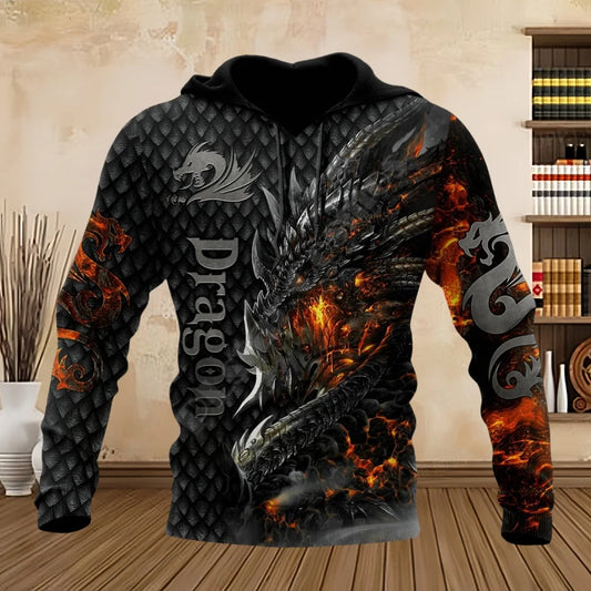 Vyriški unisex gatvės stiliaus laisvalaikio džemperiai su gobtuvu, Tattoo Dragon 3D raštu, ilgomis rankovėmis, pavasariui ir rudeniui