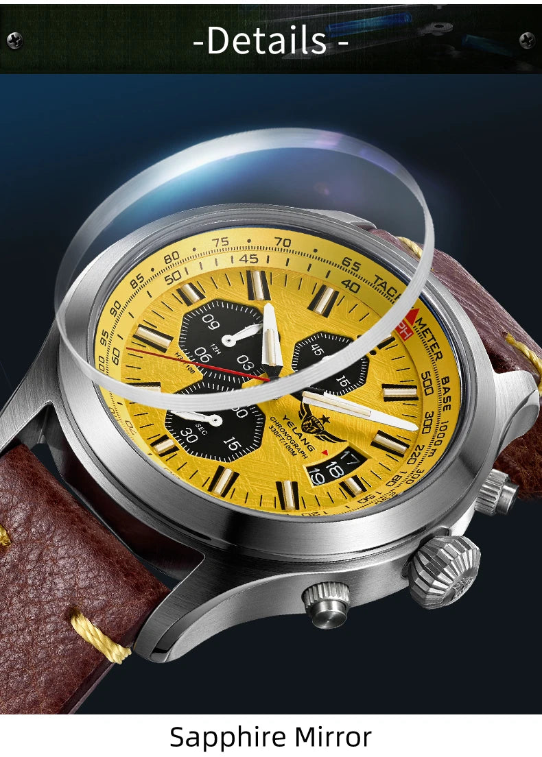 YELANG V1029S Men's Quartz Watch 42mm Japan OS10 Movement T100 Luminous 100M Waterproof Sports Military Style Watches Sapphire