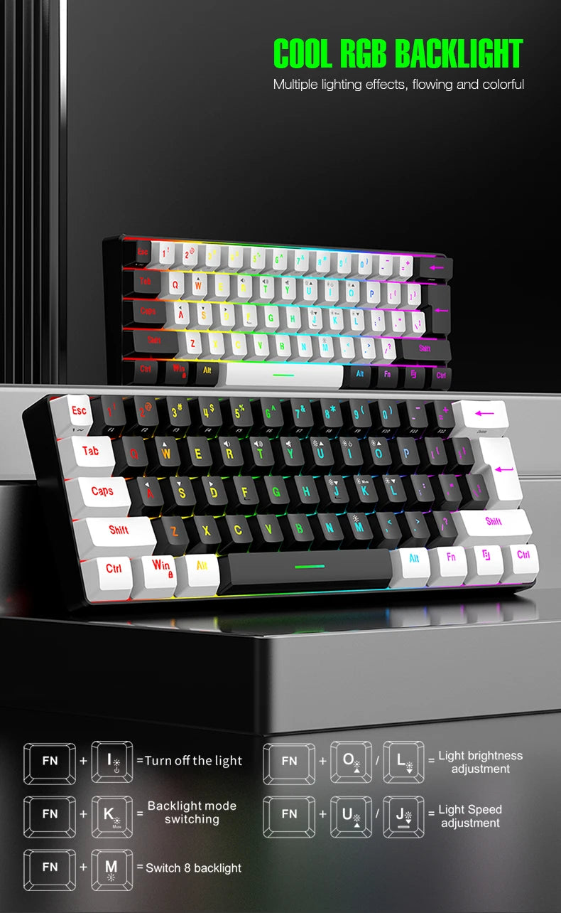 61-key wired white, black and blue switch waterproof mechanical keyboard RGB illuminated game and office kit PUBG gamer backlit