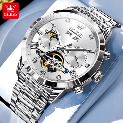 OLEVS Men's Watches Moon Phase Hollow Flywheel Exclusive Original Automatic Mechanical Watches For Men Luxury Man Watch New 7029