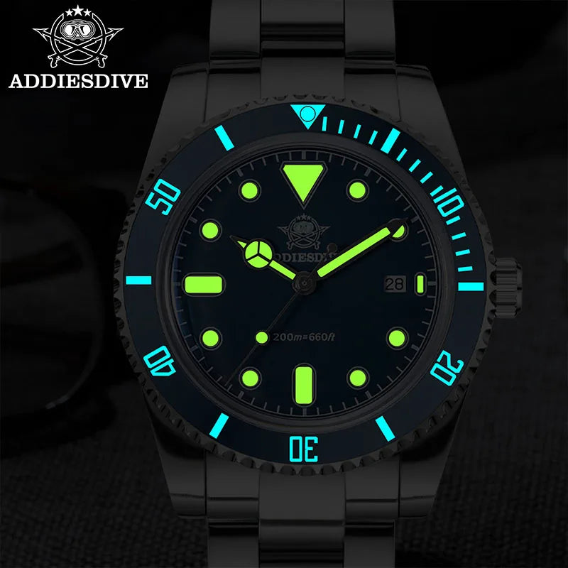 ADDIESDIVE Men's Gift Box Luxury Diver Watch Super Luminous Bubble Mirror Glass Quartz Watch 20Bar Ceramic Bezel Steel Watch