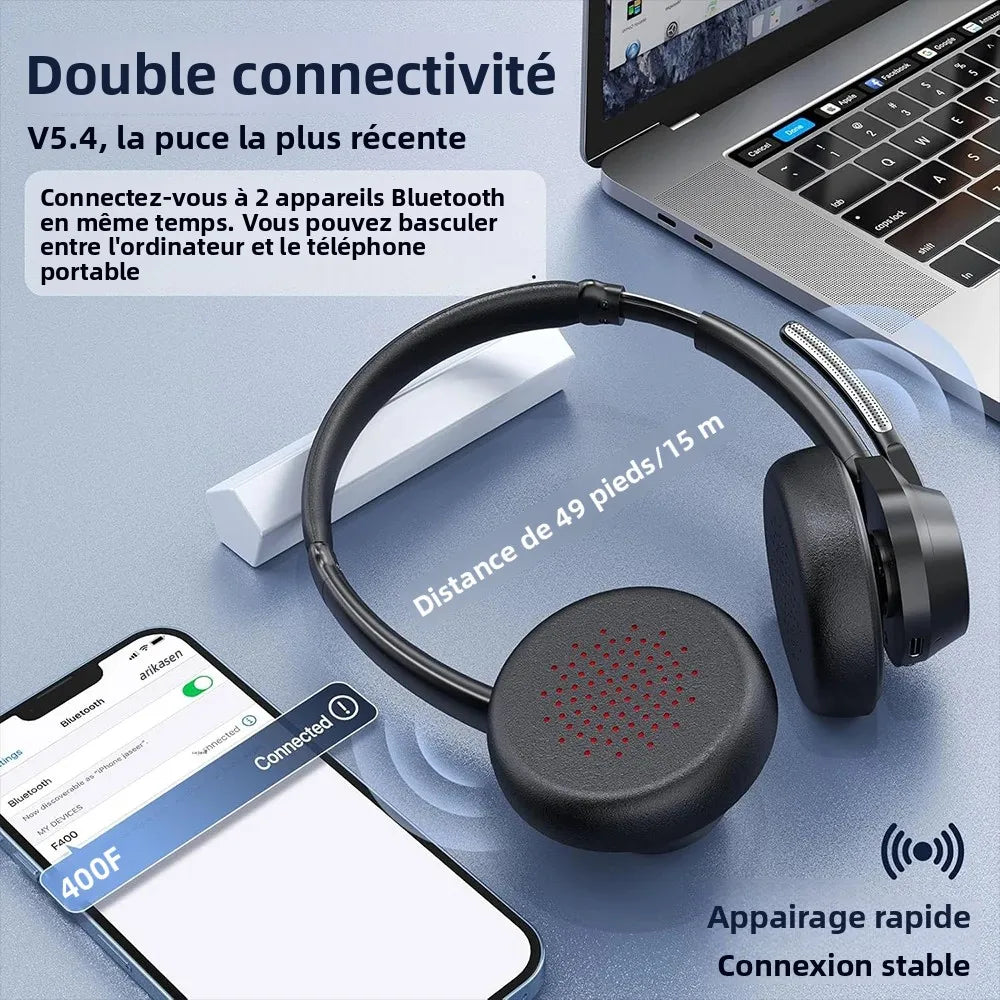 Bluetooth Headset, Wireless Bluetooth V5.4 Headphones with Microphone, Noise Canceling Mic Multipoint Connect Wireless Headset
