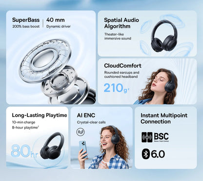 Baseus Wireless Headphones Bluetooth 5.3 HIFI Level Earphone 40mm Driver Foldable Over Ear Headsets 70H Playtime Spatial Audio