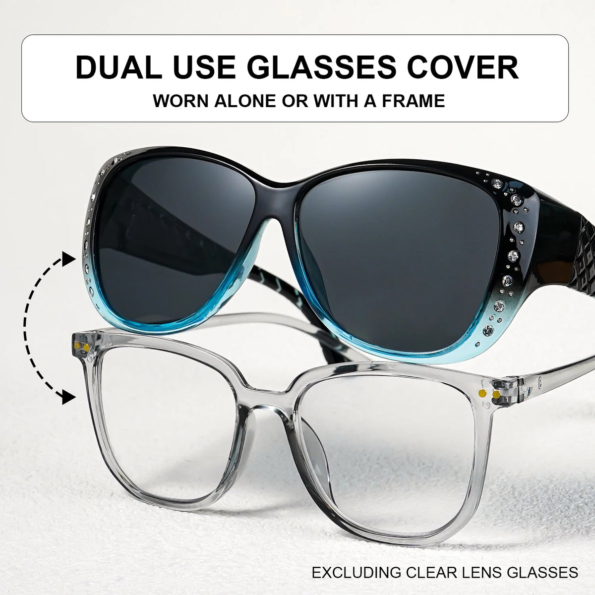 Sunglasögon med strass som passar över vanliga glasögon – Modesolglasögon som passar över – Glittrande, överdimensionerade, leopardmönstrade, fyrkantiga glasögon