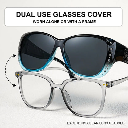 Sunglasögon med strass som passar över vanliga glasögon – Modesolglasögon som passar över – Glittrande, överdimensionerade, leopardmönstrade, fyrkantiga glasögon