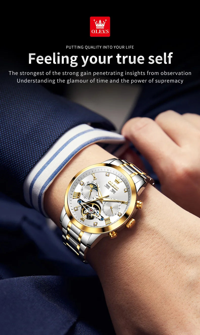 OLEVS Men's Watches Moon Phase Hollow Flywheel Exclusive Original Automatic Mechanical Watches For Men Luxury Man Watch New 7029