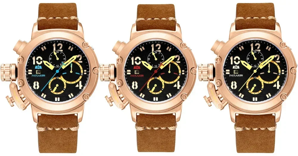Automatic Watches for Men Mechanical Self Wind Genuine Leather Multifunction Date Boat Month Gold Bronze U Reloj Hombre Baratos