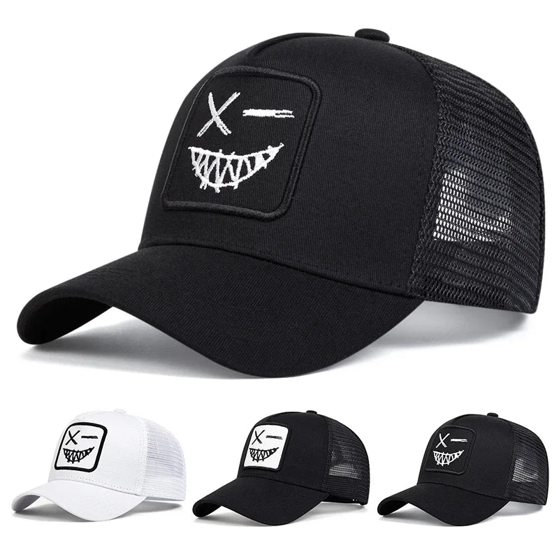 Casquettes de baseball unisexes X à broderie « visage souriant avec dents » – Casquettes de protection solaire pour le printemps et l'été, à porter en extérieur, ajustables, style « trucker » décontracté