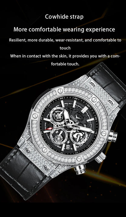 ONOLA Luxury Style Diamond Inlaid Men Quartz Watch Leather Strap Calendar Men Watch 30M Waterproof Men Clock