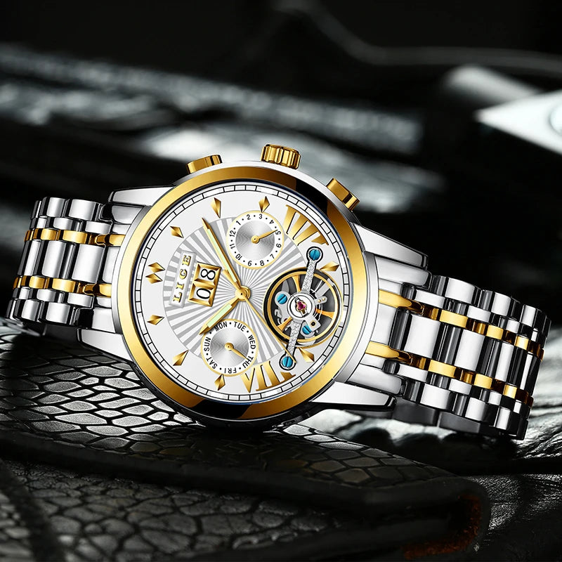 LIGE mekaniske automatiske armbåndsure til mænd – Luksuriøst ur i topklasse med tourbillon, elegant og vandtæt model, ideelt til arbejde eller formelle lejligheder.