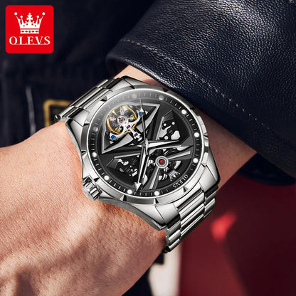 OLEVS 6655 herreur, fuldautomatisk skeletmodel; luksuriøst mekanisk armbåndsur, selvlysende og vandtæt.