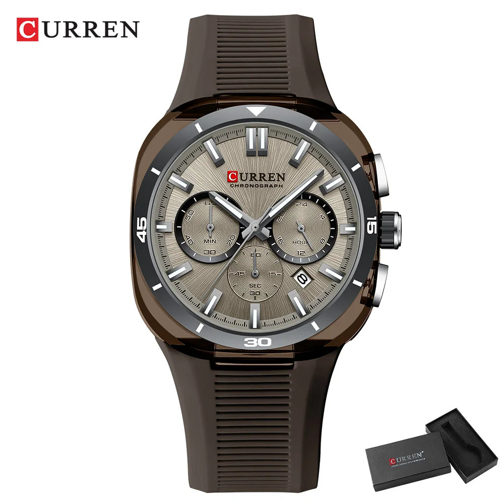 Relógio de homem CURREN – Novo modelo de luxo com movimento de quartzo, bracelete em silicone, estilo desportivo, multifunções, à prova de água, luminoso, com indicação da data e cronómetro.