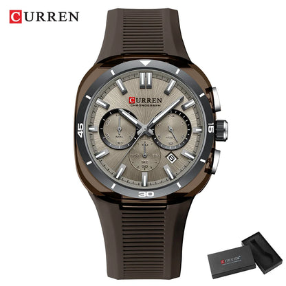 Relógio de homem CURREN – Novo modelo de luxo com movimento de quartzo, bracelete em silicone, estilo desportivo, multifunções, à prova de água, luminoso, com indicação da data e cronómetro.