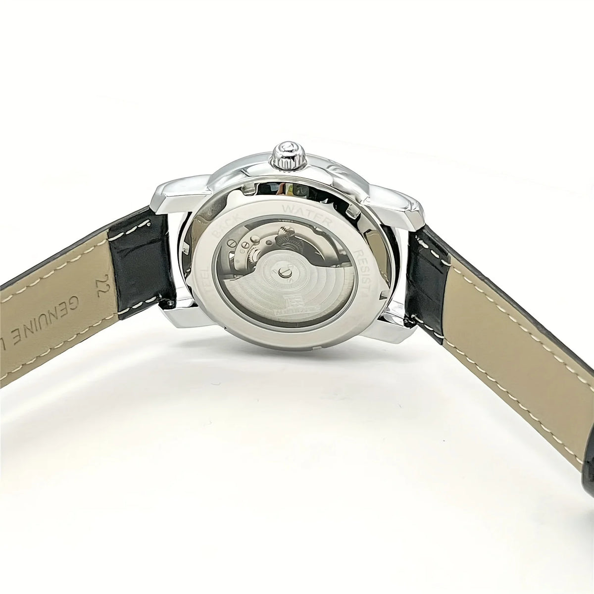 Relógio mecânico automático para homem – Design elegante com aberturas, estilo «business casual» na moda, caixa em liga e bracelete em pele, sem pilha
