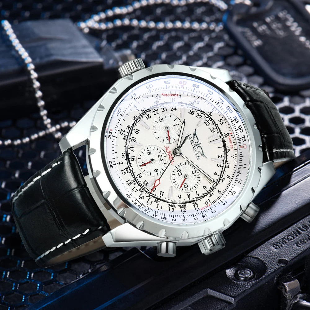 Jaragar Automatic Watch for Men Military Multifunction 3 Sub-Dials Sports Mechanical Watches Top Brand Luxury Leather Steel Band