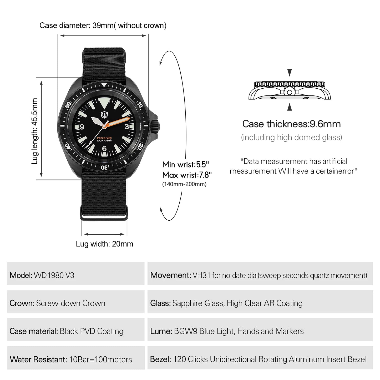 Watchdives WD1980 V3 Watch Vintage VH31 Quartz Movement Stainless Steel Watches Luminous K1 10Bar Waterproof Wristwatch