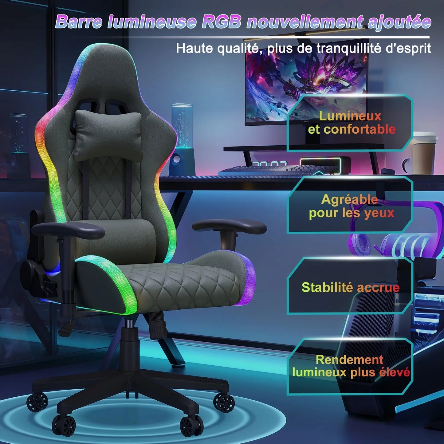 Rosahqnda LED gaming chair with ergonomically adjustable backrest, PU leather office chair, lumbar support cushion & pillow