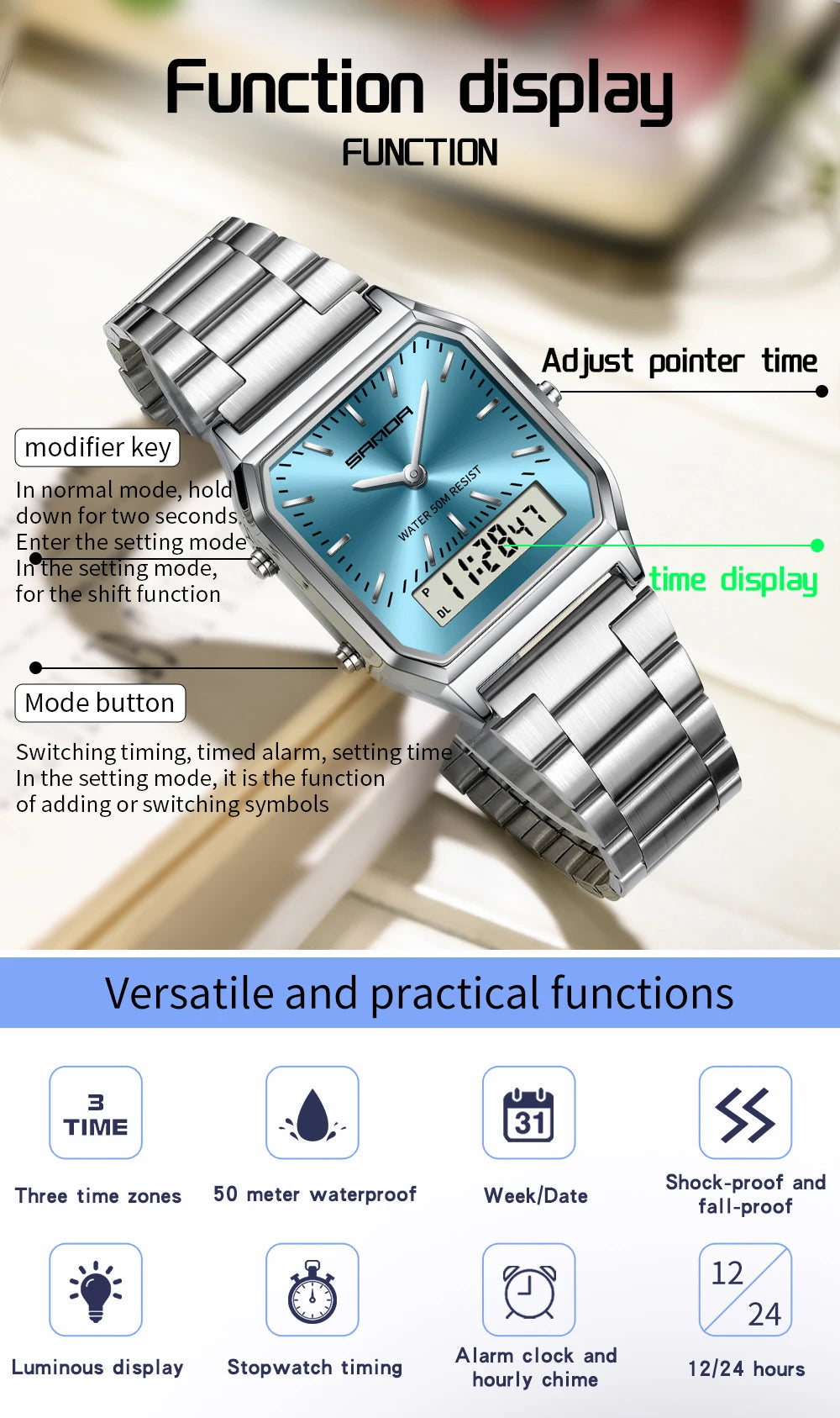 SANDA 747 Luxury Mens G Style Watches Stainless Steel Women LED Digital Dual Display Clock Unisex Waterproof Sports Quartz Watch