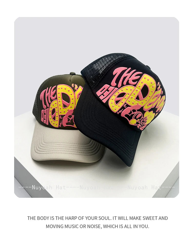 Unisex, interessant, 3D-printet bogstav, baseballkasketter, solskærm, tegneserie, åndbar, farveblok, trucker-kasketter, mesh, alsidig inderside