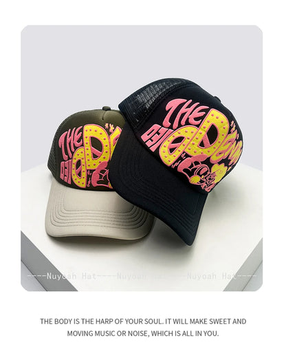 Unisex, interessant, 3D-printet bogstav, baseballkasketter, solskærm, tegneserie, åndbar, farveblok, trucker-kasketter, mesh, alsidig inderside