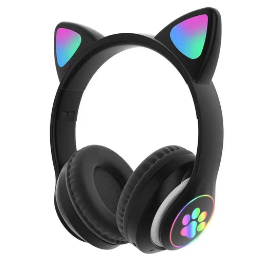 Urocze słuchawki bezprzewodowe Bluetooth w kształcie kocich uszu z diodami LED – składane słuchawki stereo dla dzieci z mikrofonem, słuchawki do gier i muzyki z technologią Bluetooth 5.0