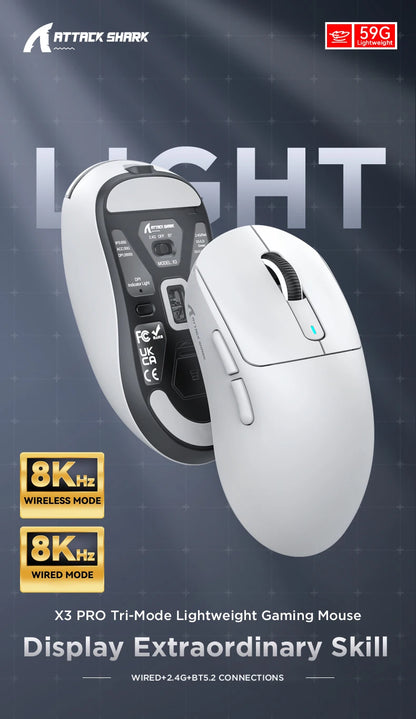 ATTACK SHARK X3/X3PRO 4K/8K Wireless Gaming Mouse, 26K DPI, Tri-Mode (Wired/2.4GHz/BT5.2), Lightweight, PAW3395 Sensor For Gamer